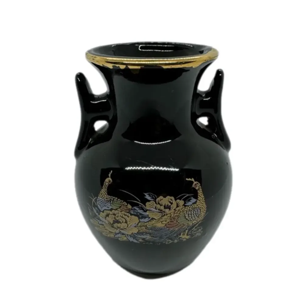 Vintage Japanese Set of 3 Black & Gold Assorted Vases with Golden Pheasant
